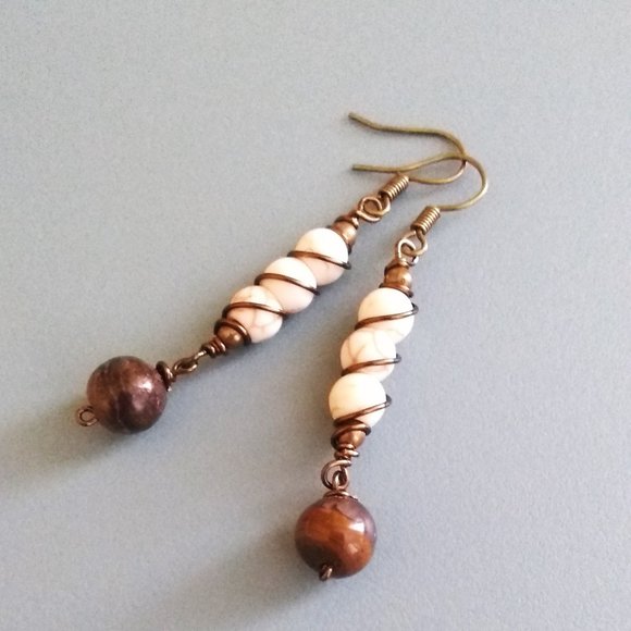 NatureLoversJewelry Jewelry - Wire Wrapped: TigerEye + Natural Howlite Earrings